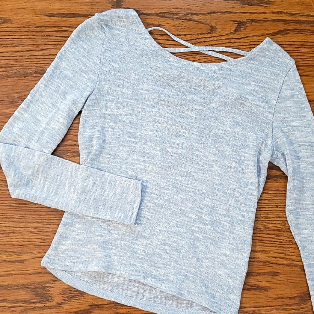 Light Blue Heathered Criss-cross Back Shirt - Long Sleeve Shirt - Picture 1 of 5